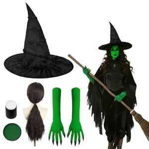 2499 Halloween Elphaba Costume Set - Witch Hat, Elphaba Wig,